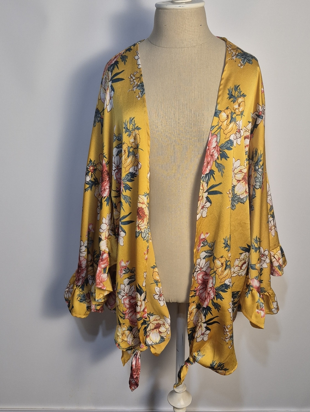 Floral Kimono Cardigan Mustard Yellow Boho Open Front Ruffle Sleeve One Size